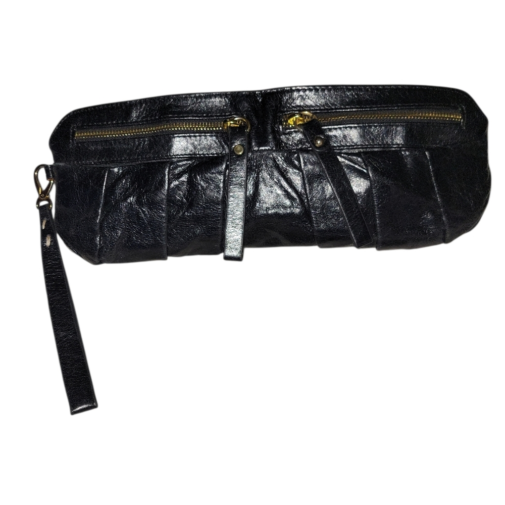 Sabina New York Elegant Black Slouchy Leather Clutch Or Wristlet 14x5.5